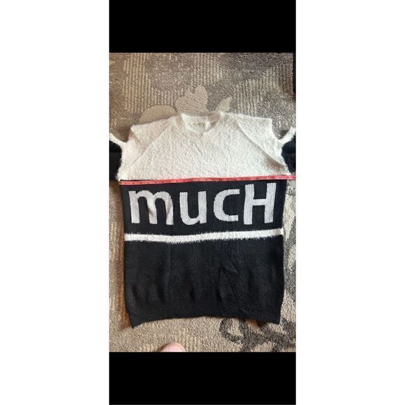 Oversized, cold shoulder, black and white fuzzy sweater. - Picture 9 of 12